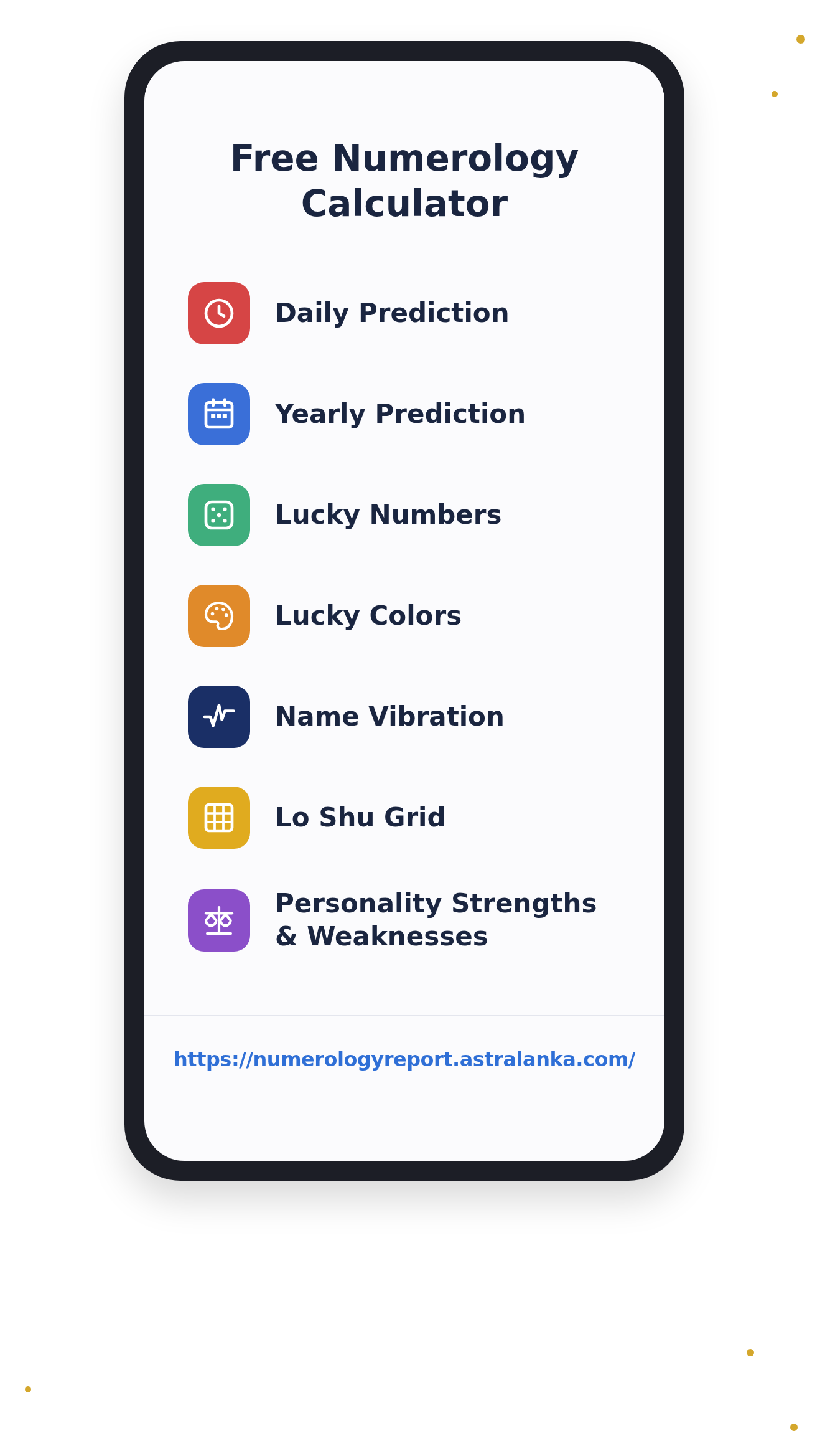 Free Numerology Calculator app preview showing key features on a mobile phone